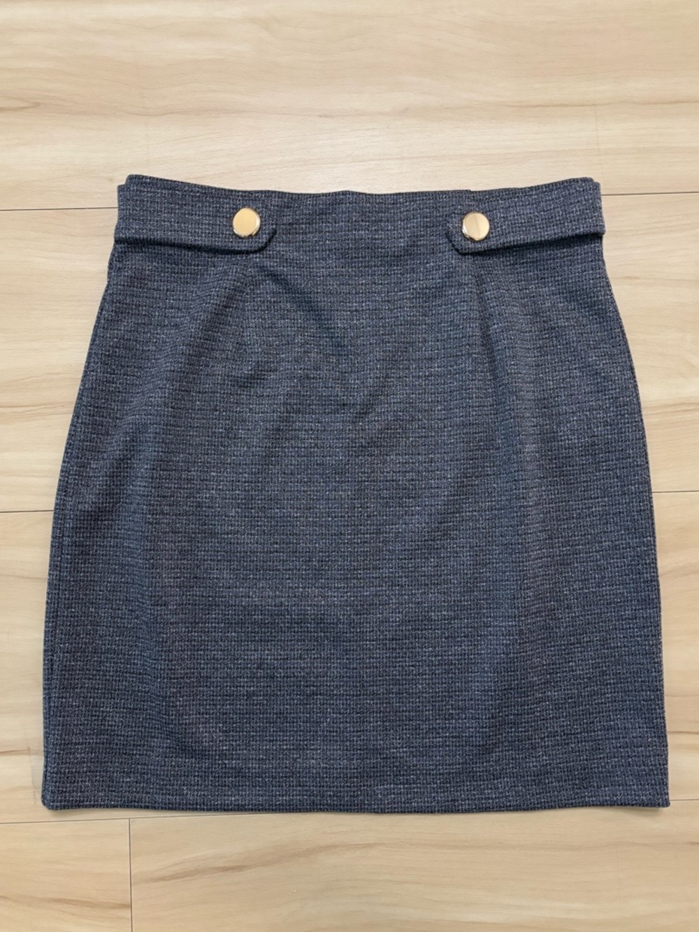 Blue/Gray Tweed Stretch Mini Skirt w Gold Button Waist Detail - Size S - NWT